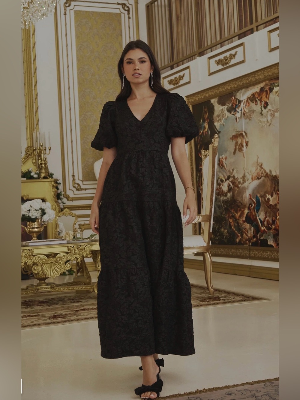 Sugarlips Arielle Black Jacquard Maxi Tiered Dress Size Small